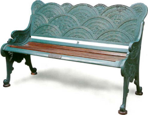 Thomas Jeckyll. Bench (no. 435), ca. 1878. Painted cast-iron with mahogany seat. Made by Barnard, Bishop, and Barnards, version of registered design BT 43/42, no. 311249, 311250 (23 June 1877). The Birkenhead Collection. Checklist no. 151. Taken from 'Thomas Jeckyll Architect and Designer, 1827-1881' by Susan Weber Soros and Catherine Arbuthnott Published by Yale University Press. p.223 Fig. 6-61.